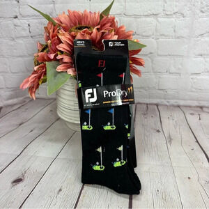 FJ footjoy pro dry golf socks mens crew black with golf flags